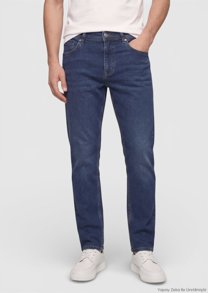İndigo Düz Slim Fit Denim Pamuk Karışımlı Pantolon