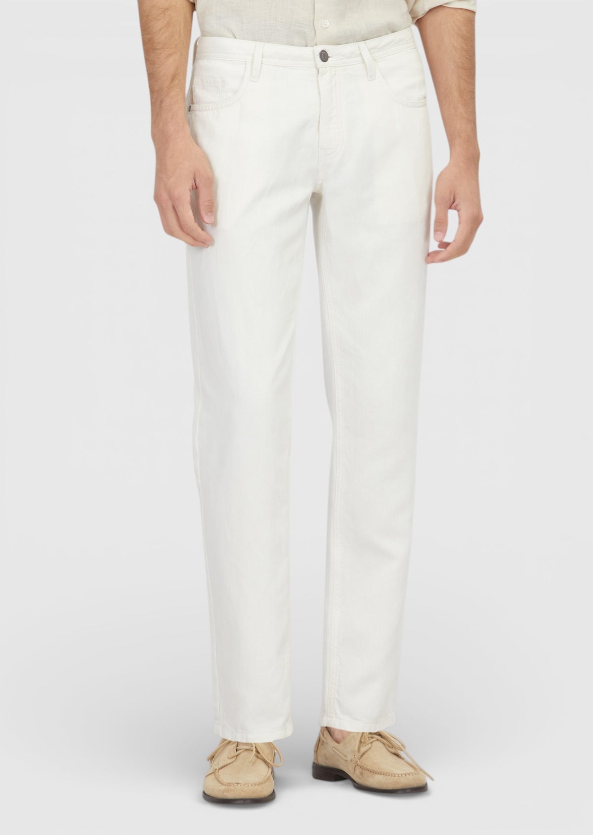 Ekru Düz Denim Regular Fit Casual Pamuk Karışımlı Pantolon