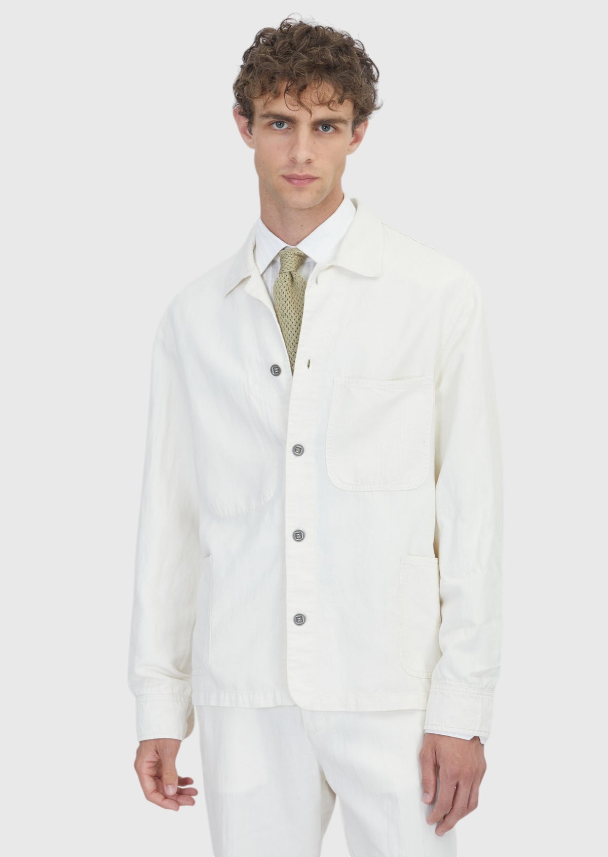 Ekru Düz Casual Fit Uzun Dokuma Pamuk Karışımlı Overshirt