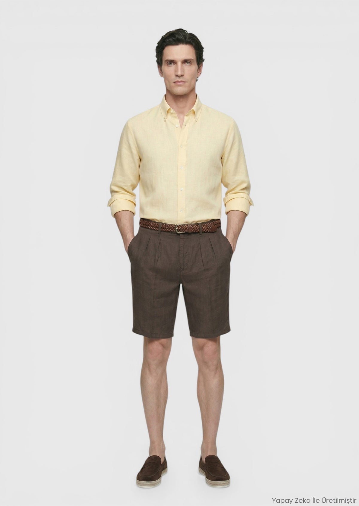 Kahverengi Düz Dokuma Carrot Fit Casual %100 Keten Bermuda