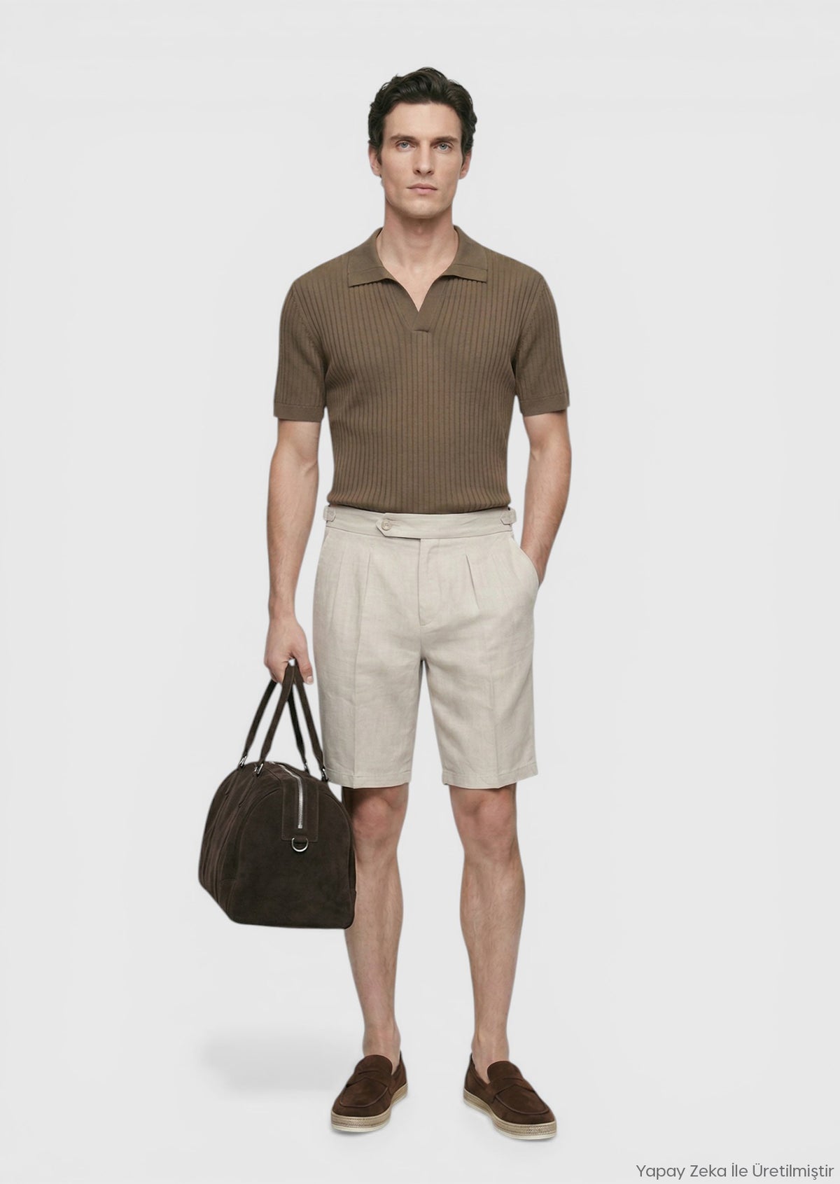 Beige Weaving Carrot Fit Casual Bermuda