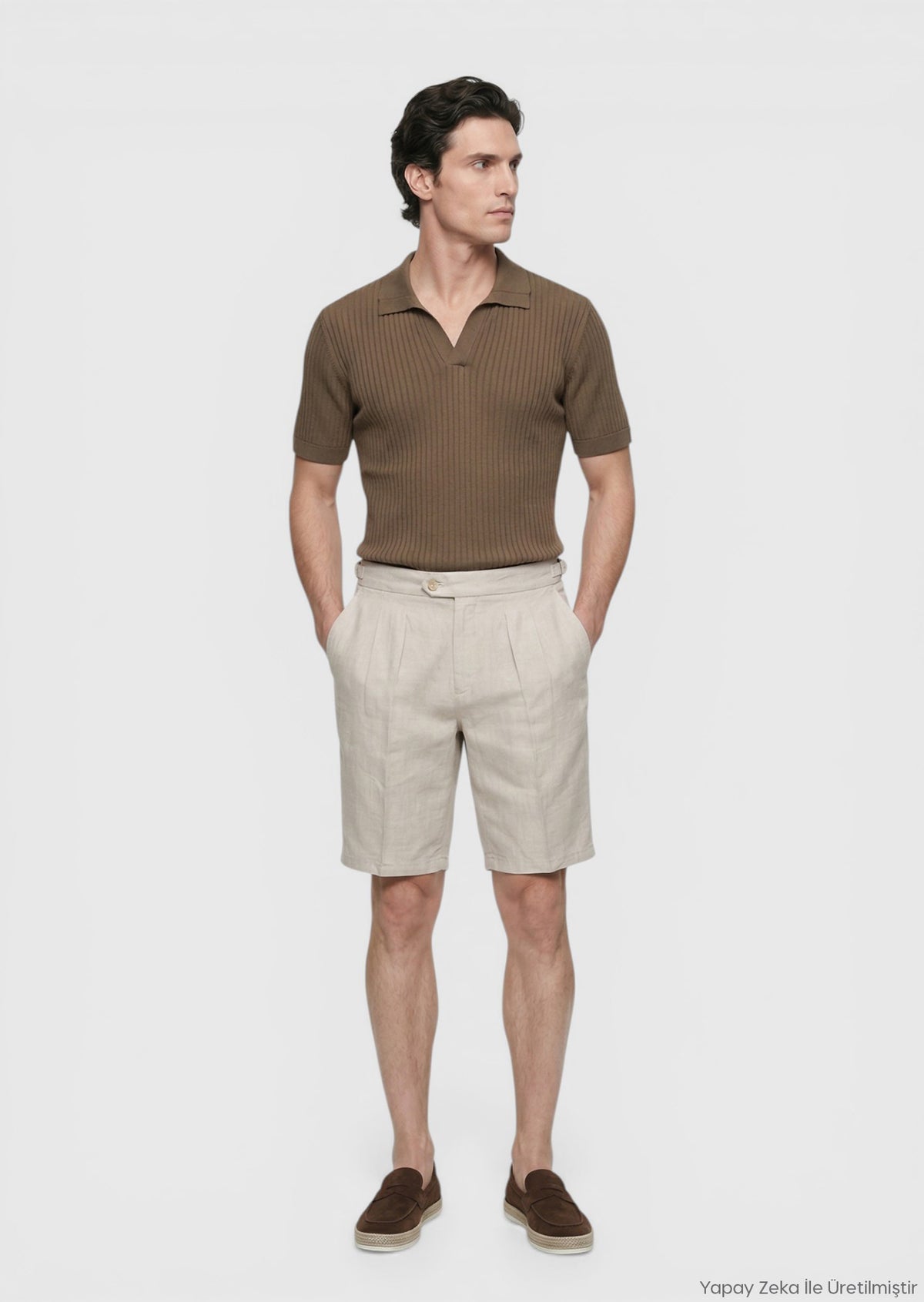 Bej Düz Dokuma Carrot Fit Casual %100 Keten Bermuda