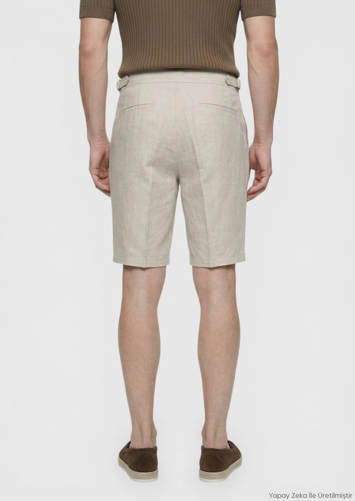 Bej Düz Dokuma Carrot Fit Casual %100 Keten Bermuda