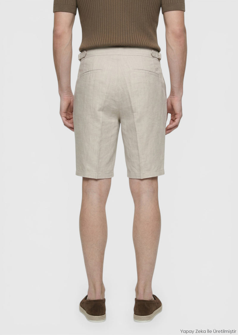 Bej Düz Dokuma Carrot Fit Casual %100 Keten Bermuda
