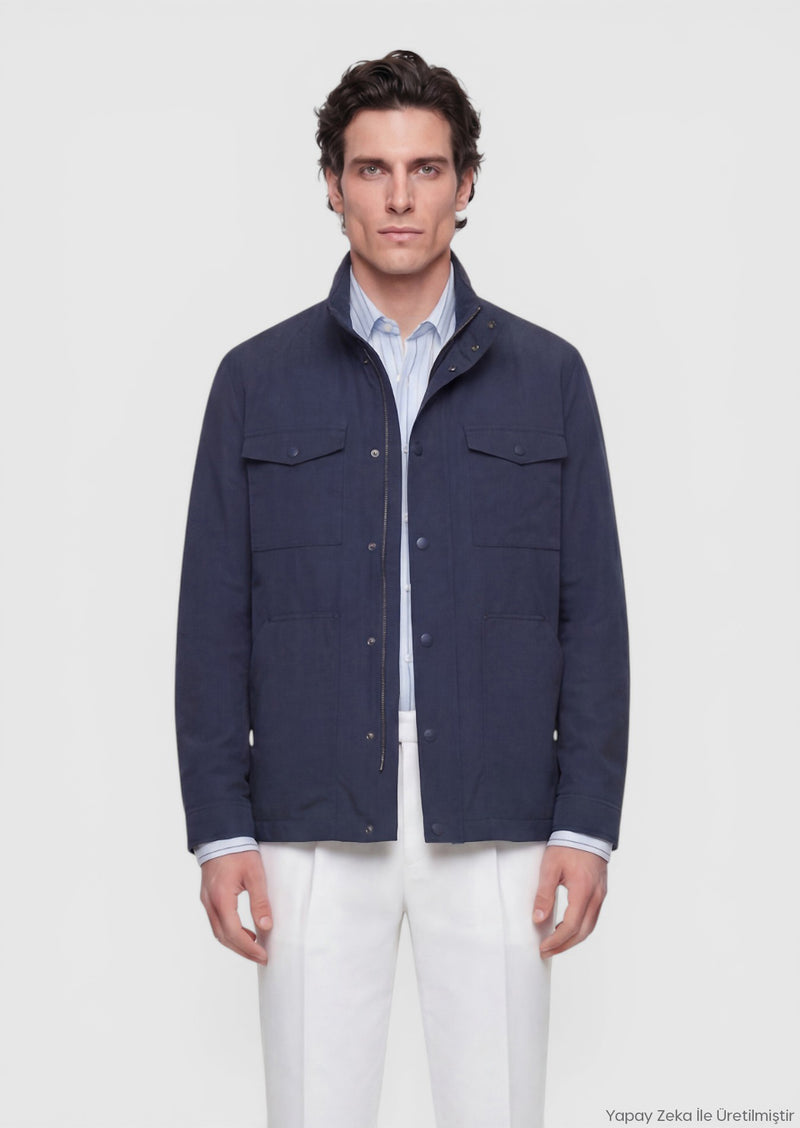 Lacivert Regular Fit Gizli Kapüşon Casual Teknik Mont
