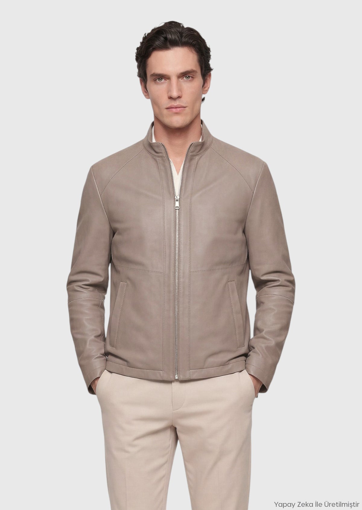 Bej Regular Fit Dik Yaka Casual Süet Çift Taraflı Deri Mont