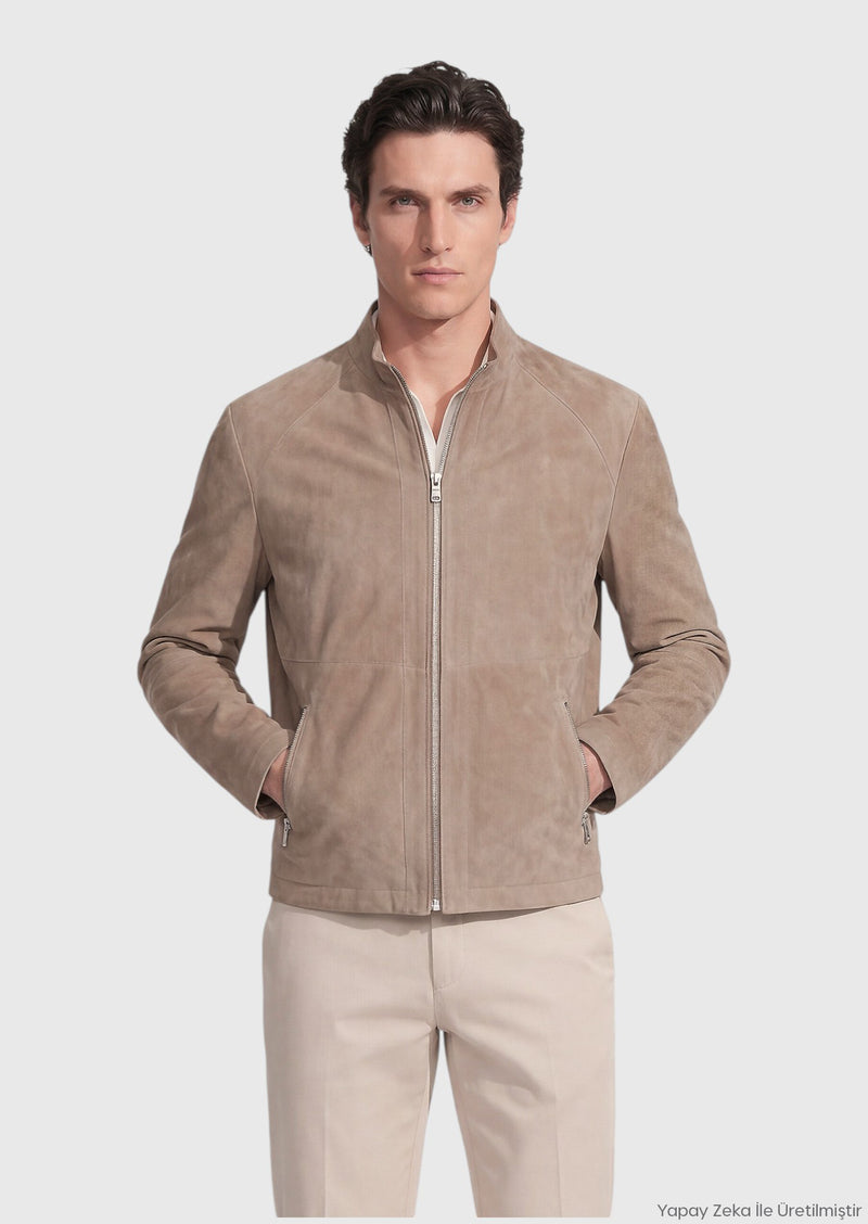 Bej Regular Fit Dik Yaka Casual Süet Çift Taraflı Deri Mont