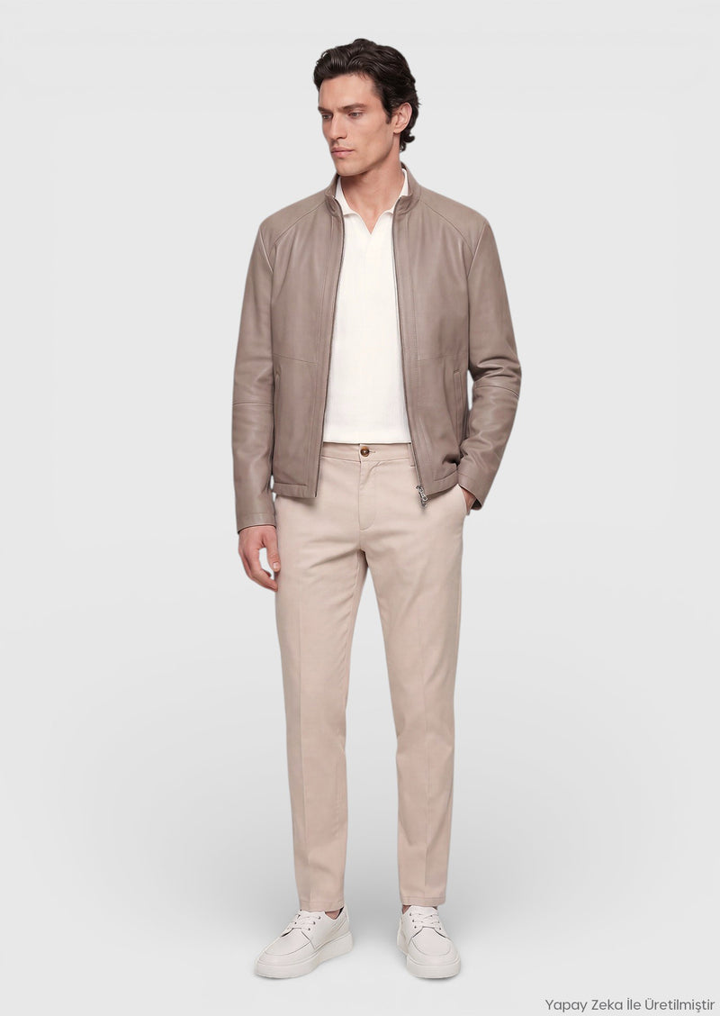 Bej Regular Fit Dik Yaka Casual Süet Çift Taraflı Deri Mont