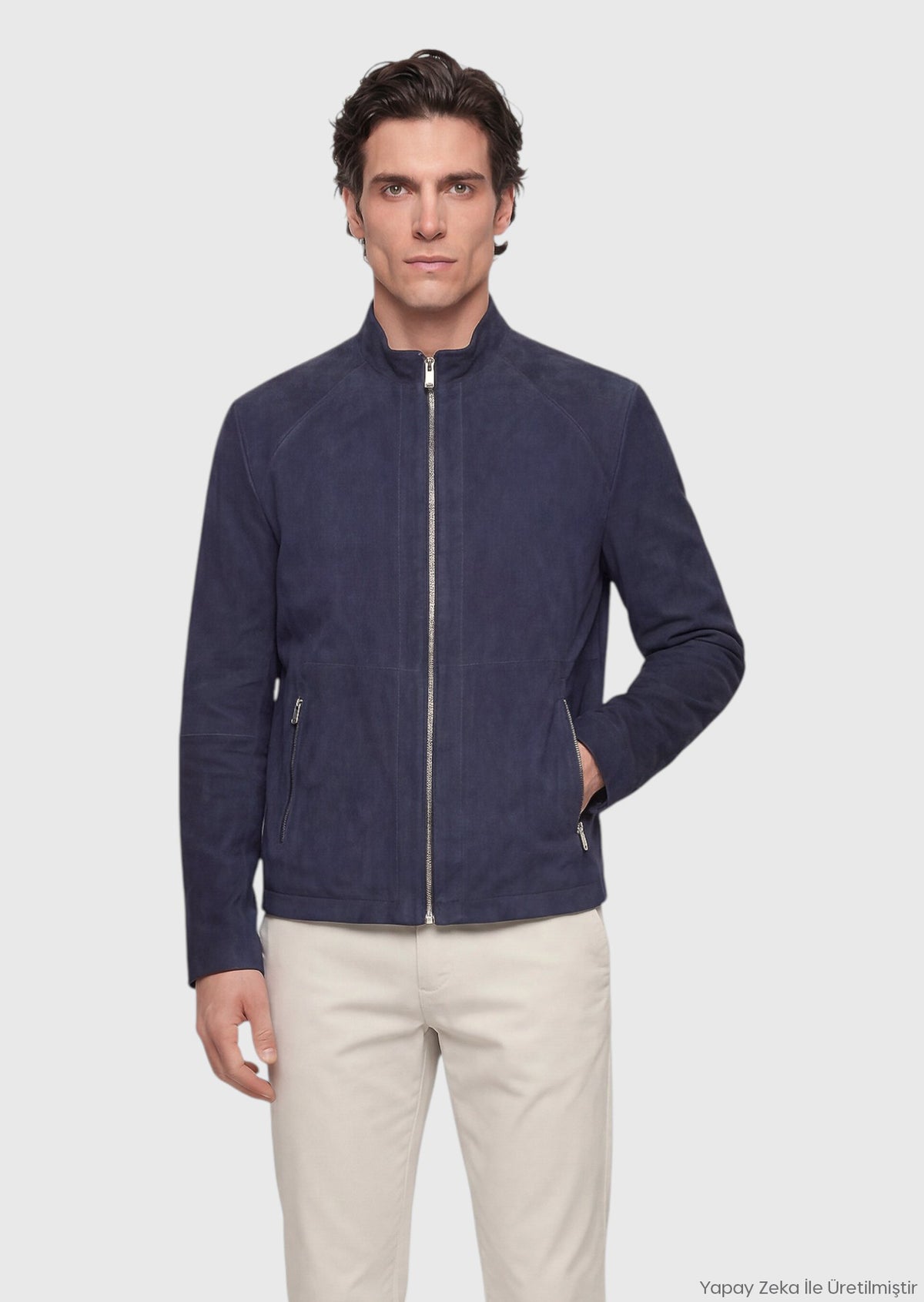 Lacivert Regular Fit Dik Yaka Casual Süet Çift Taraflı Deri Mont
