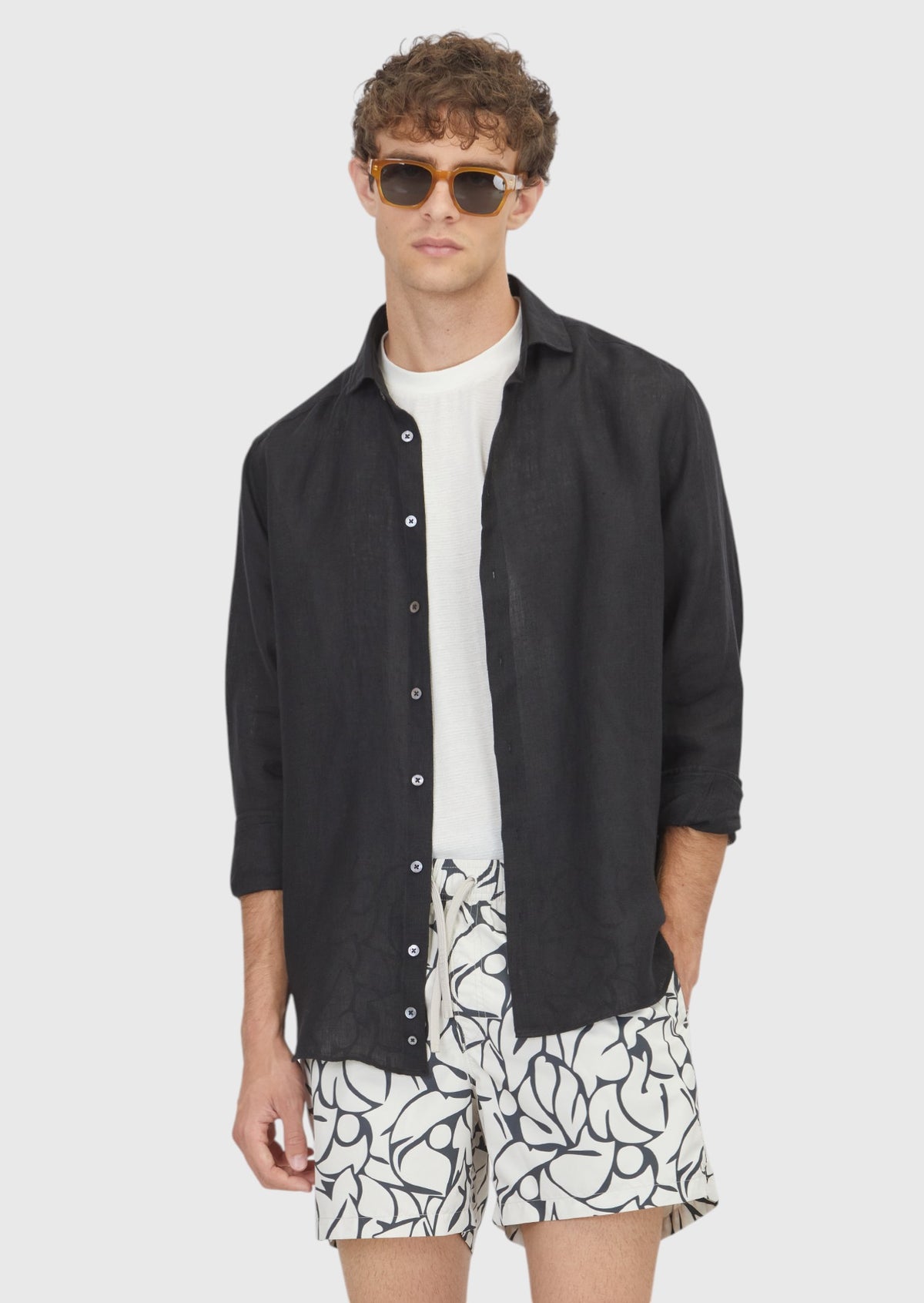 Siyah Casual Fit Uzun Dokuma Casual %100 Keten Gömlek
