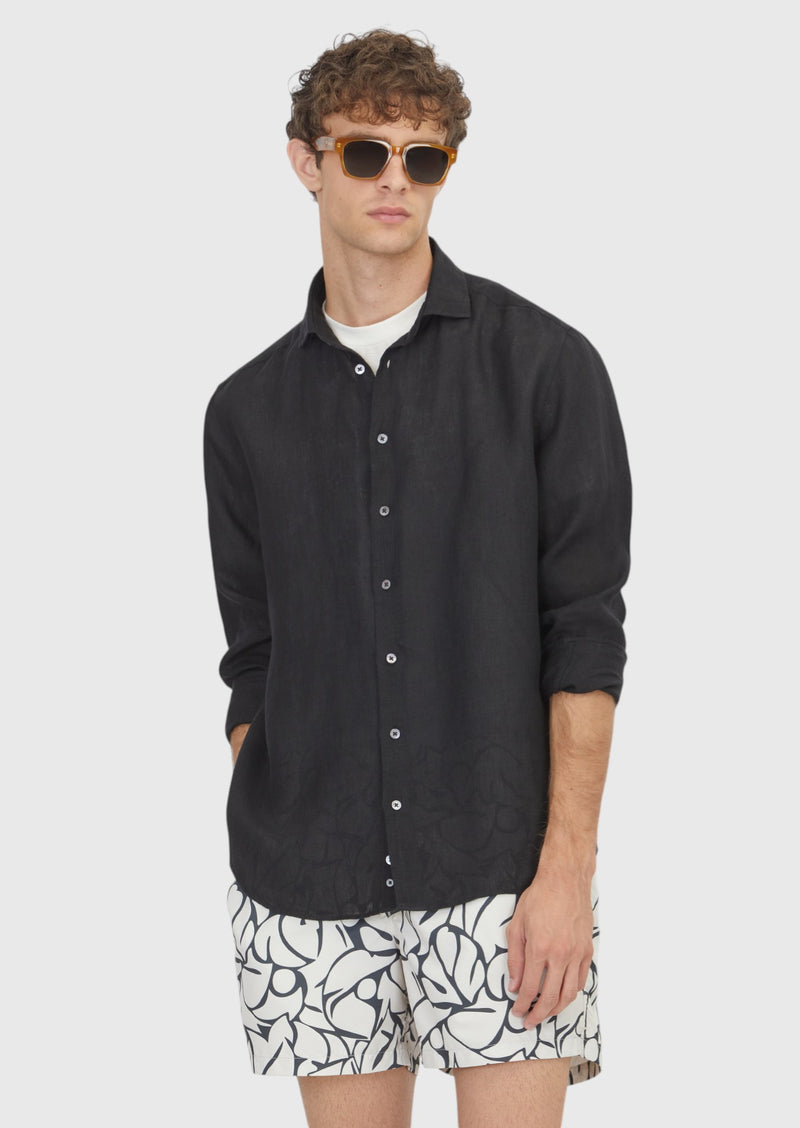 Siyah Düz Casual Fit Uzun Dokuma Casual %100 Keten Gömlek