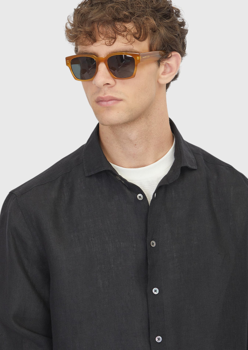 Siyah Düz Casual Fit Uzun Dokuma Casual %100 Keten Gömlek
