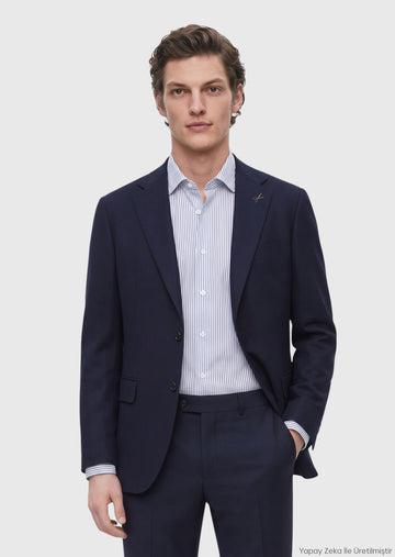 Lacivert Düz Regular Fit Yün Karışımlı Ceket