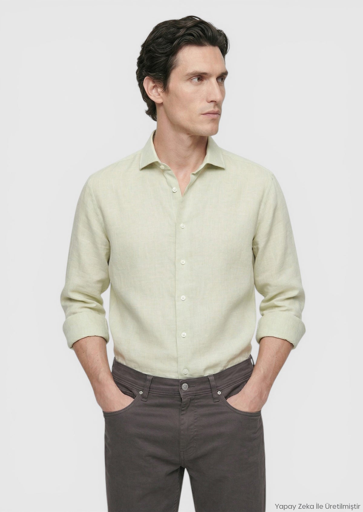 Light Green Plain Regular Fit Long Weaving Casual Cotton Blended Shirt