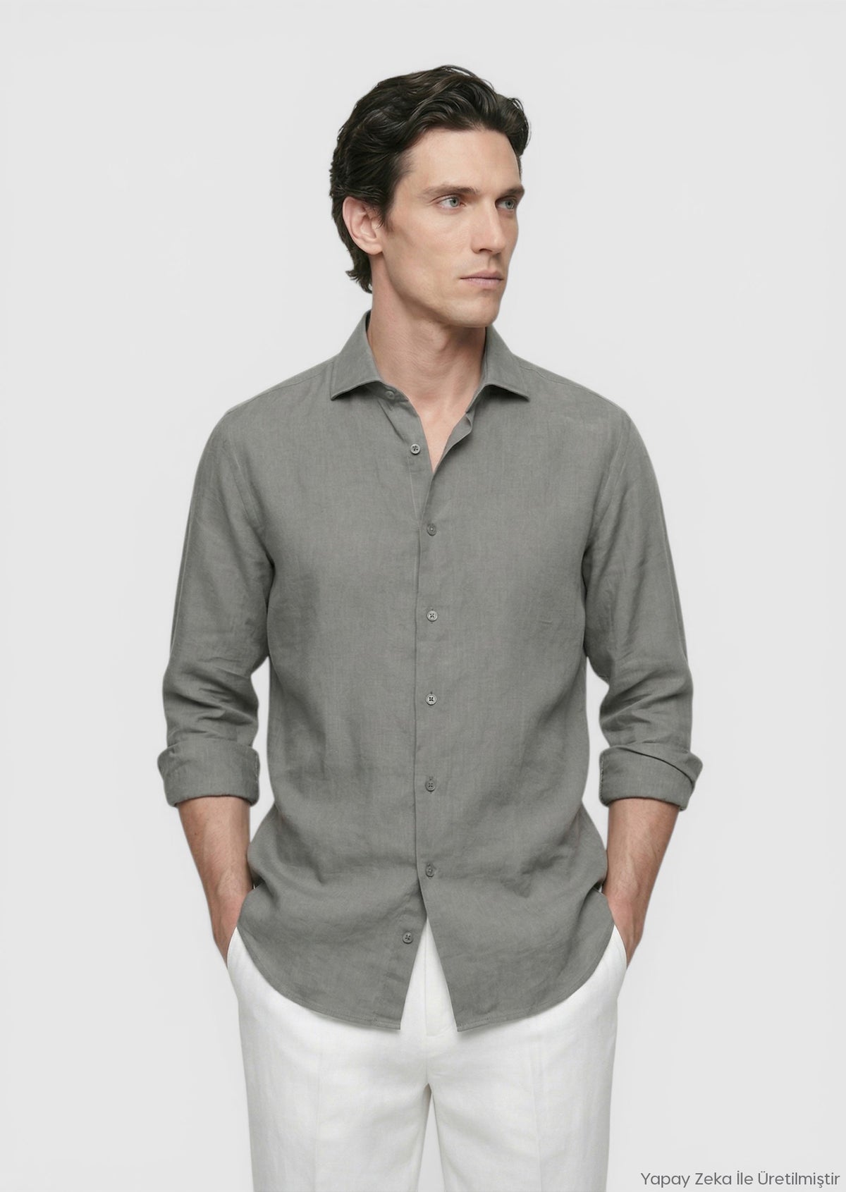 Antrasit Casual Fit Uzun Dokuma Casual %100 Keten Gömlek