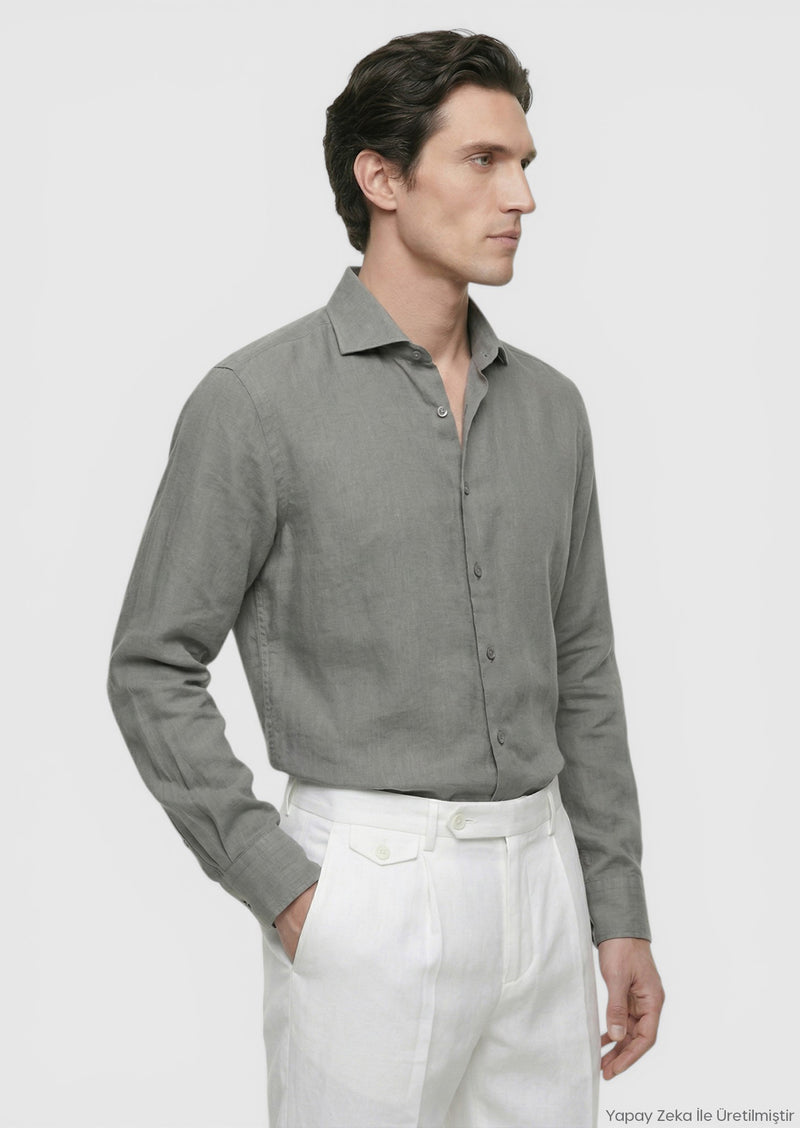 Antrasit Düz Casual Fit Uzun Dokuma Casual %100 Keten Gömlek