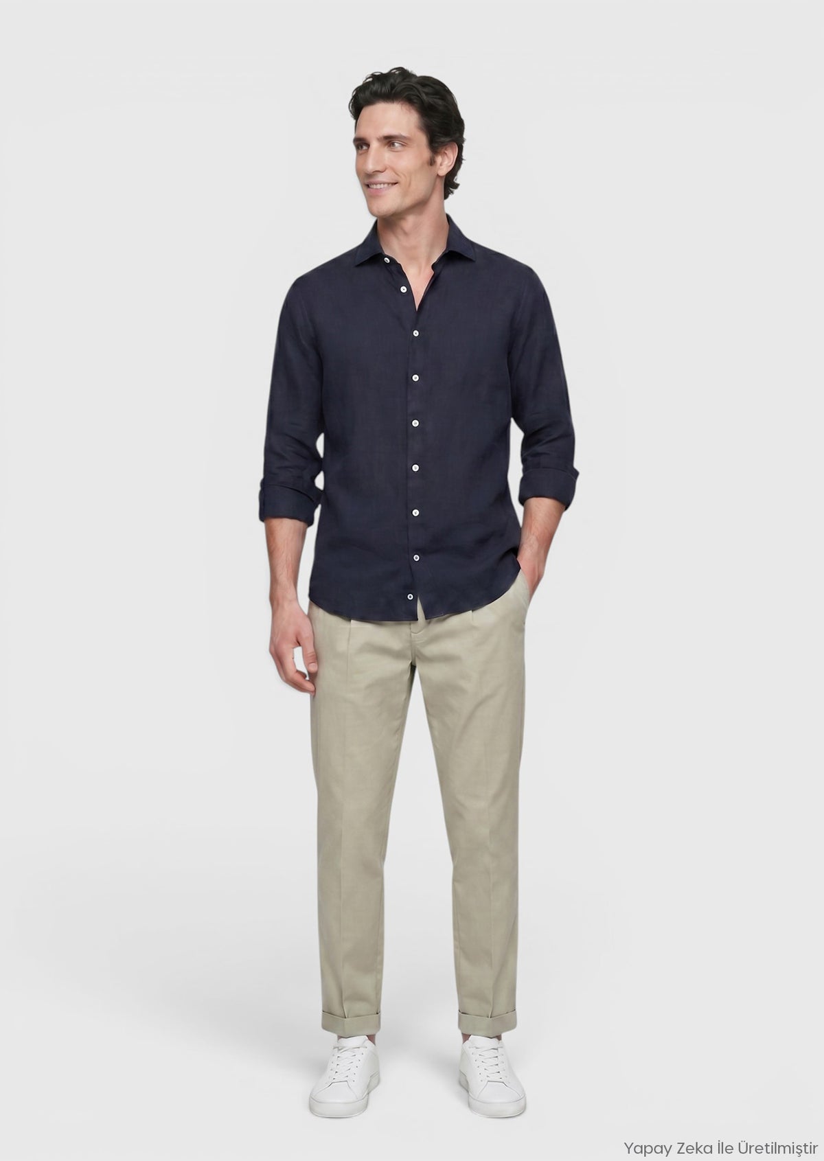 Lacivert Düz Casual Fit Uzun Dokuma Casual %100 Keten Gömlek