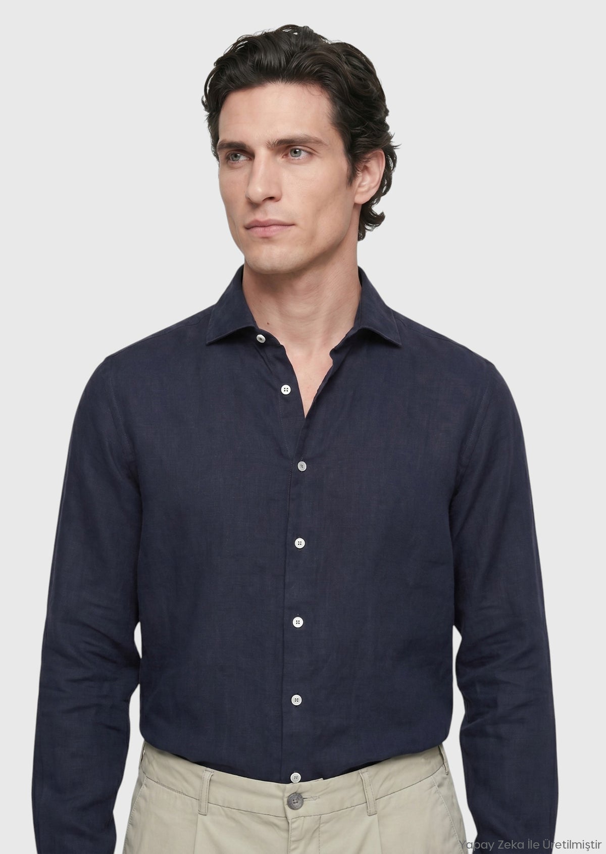 Lacivert Düz Casual Fit Uzun Dokuma Casual %100 Keten Gömlek