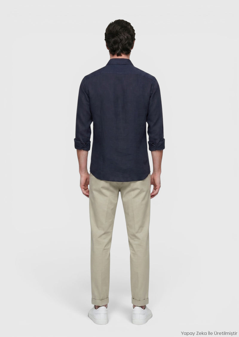 Lacivert Düz Casual Fit Uzun Dokuma Casual %100 Keten Gömlek