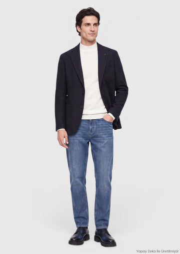 Lacivert Düz Shirt Shoulder Slim Fit Yün Karışımlı Örme Ceket
