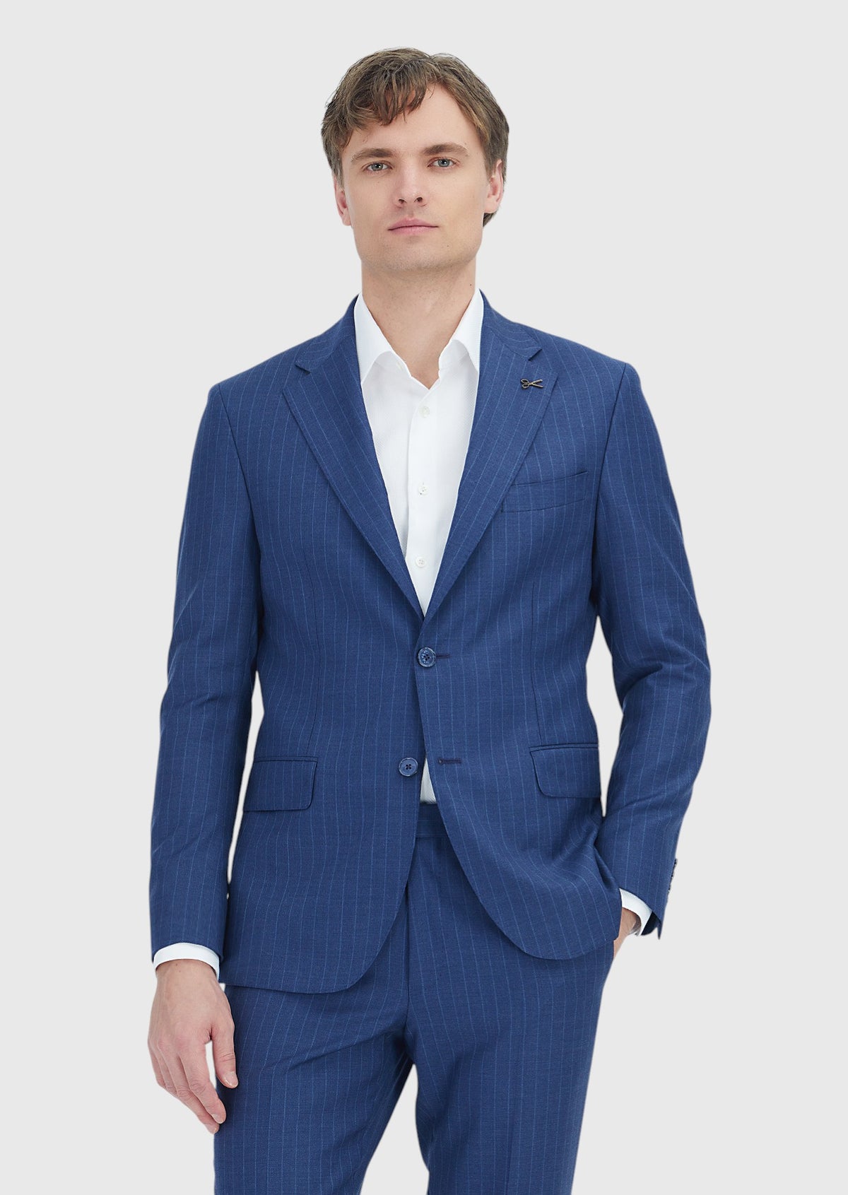 Lacivert Çizgili Zeroweight Slim Fit %100 Yün Takım Elbise