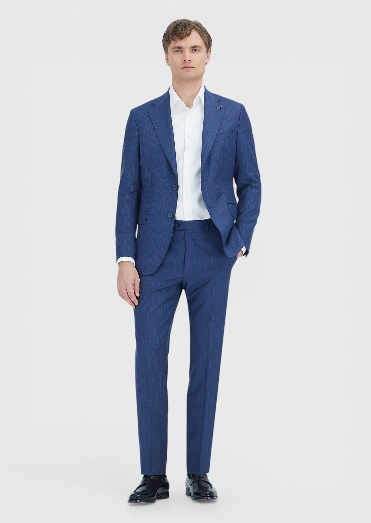 Lacivert Çizgili Zeroweight Slim Fit %100 Yün Takım Elbise