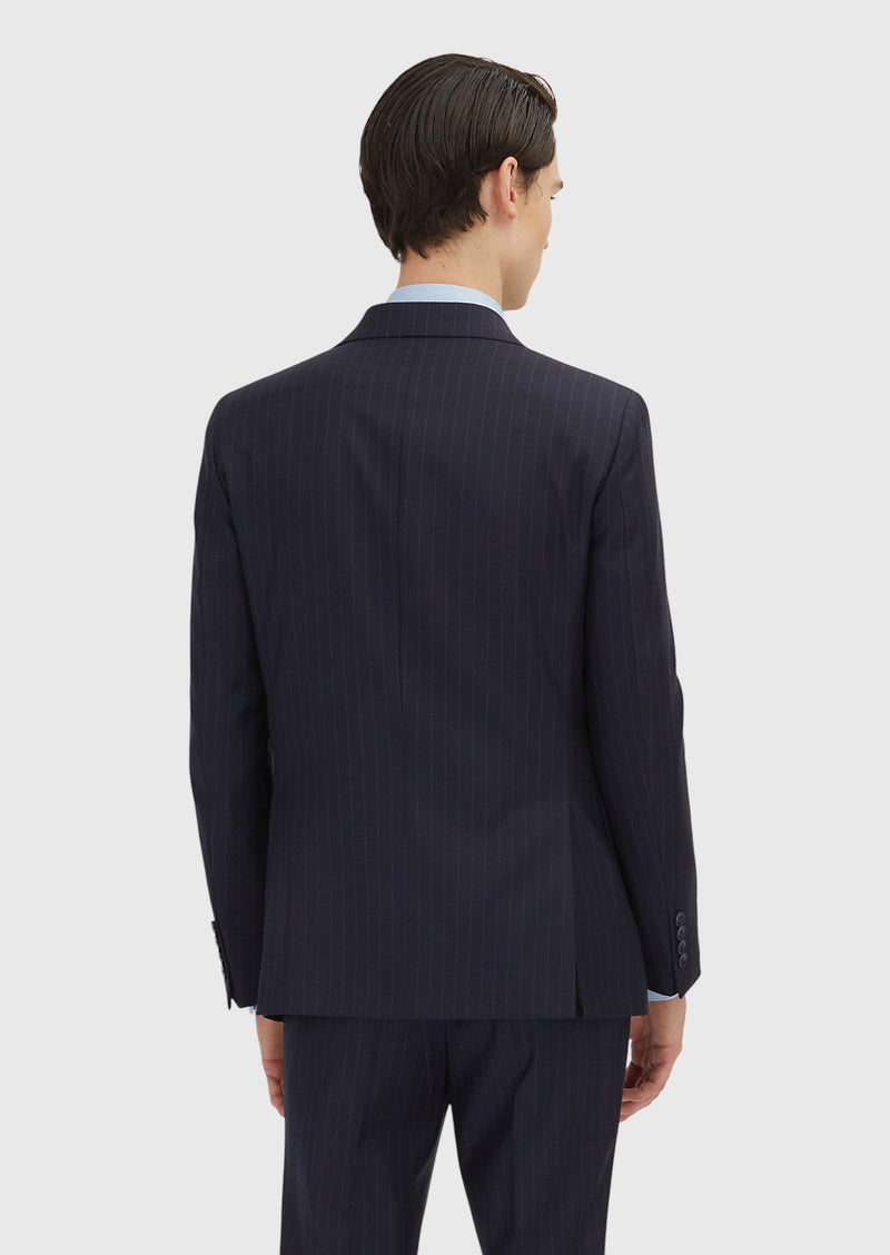 Koyu Lacivert Çizgili Zeroweight Slim Fit %100 Yün Takım Elbise