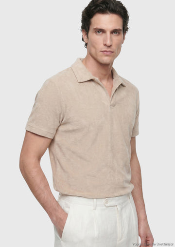 Bej Düz Pamuk Karışımlı T-Shirt