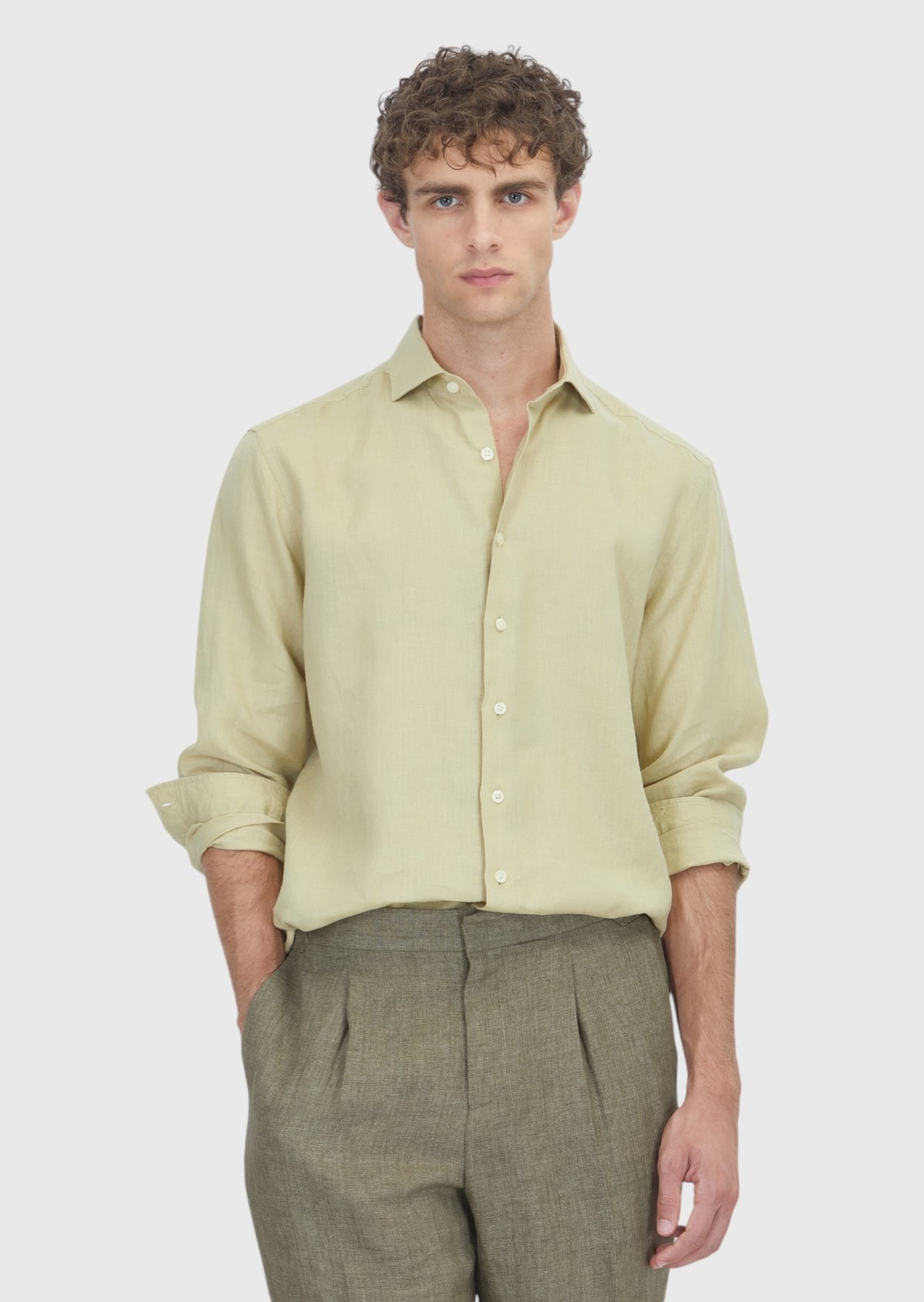Açık Yeşil Casual Fit Uzun Dokuma Casual %100 Keten Gömlek