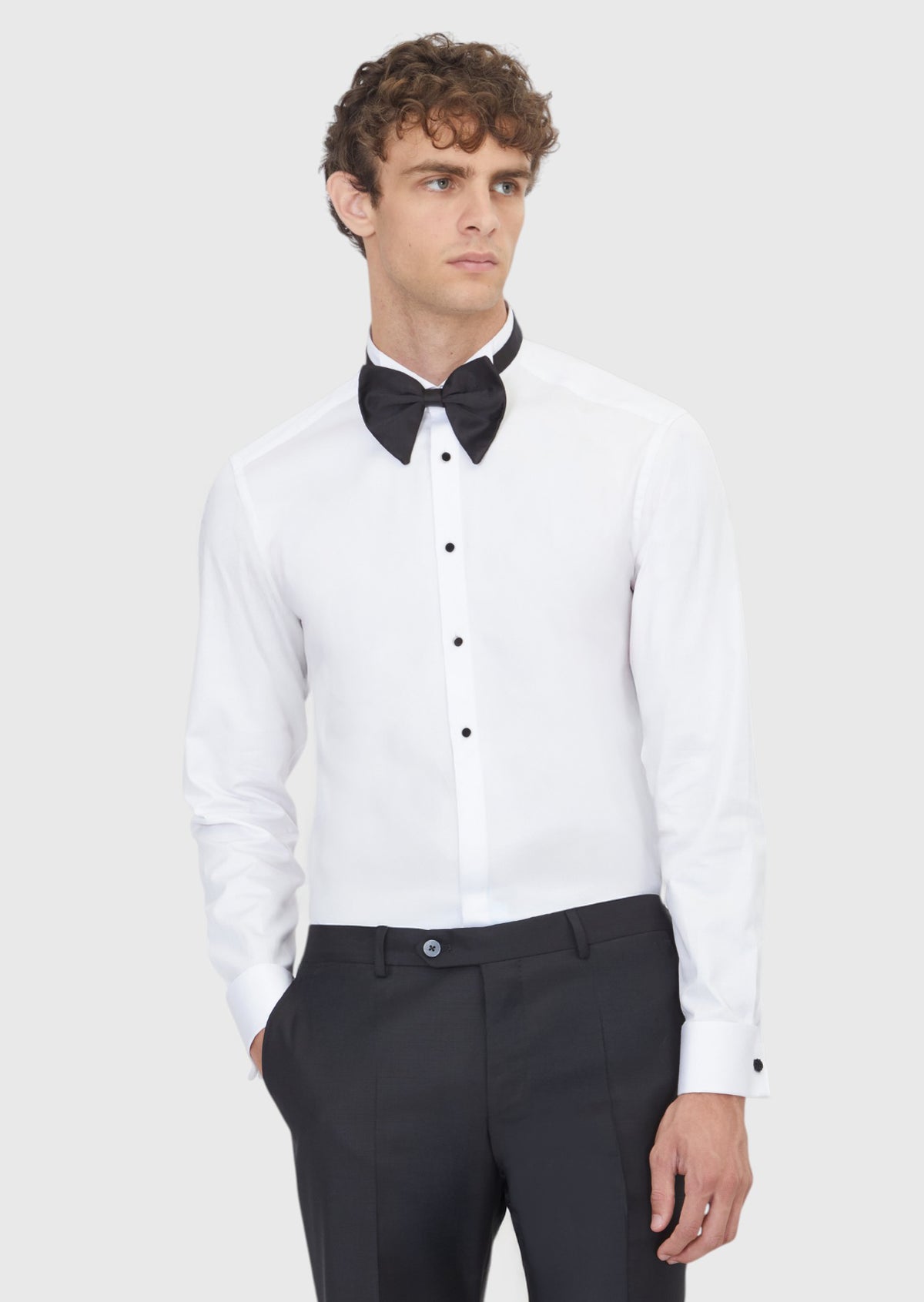 Beyaz Düz Slim Fit Duble Manşet Smokin Gömlek