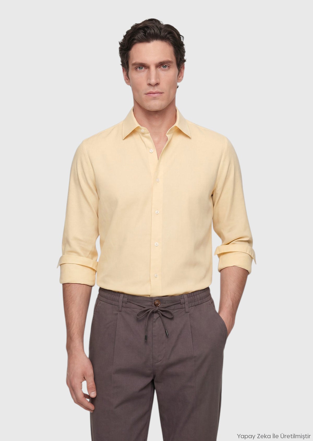 Light Yellow Casual Fit Long Weaving Casual 100% Cotton Shirt