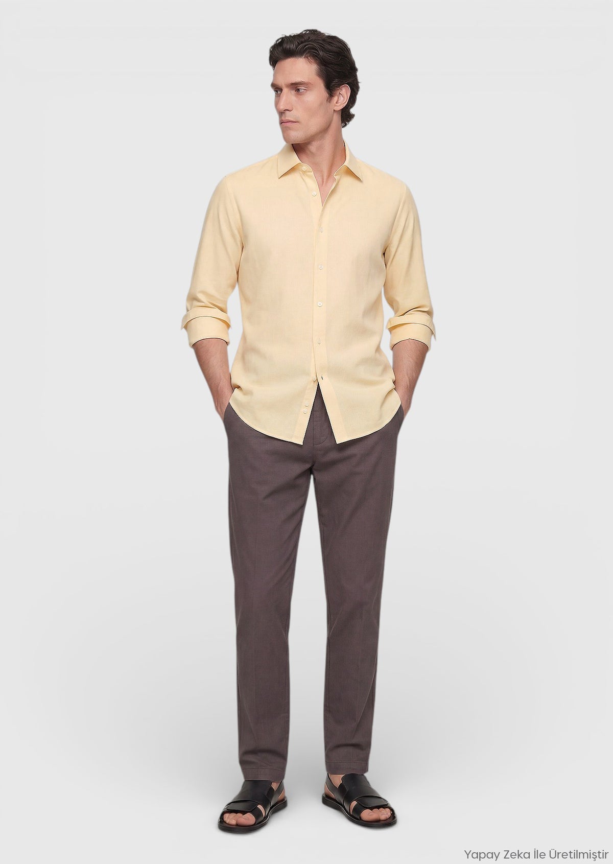 Açık Sarı Düz Casual Fit Uzun Dokuma Casual %100 Pamuk Gömlek