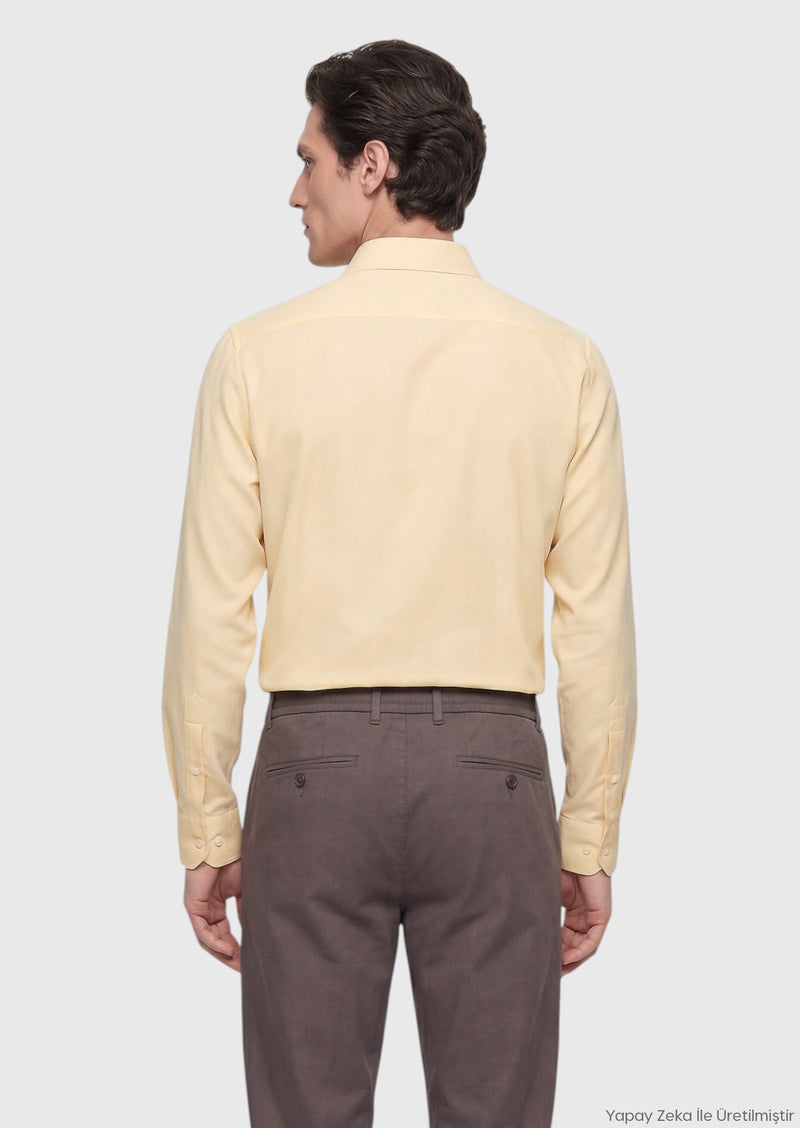 Açık Sarı Düz Casual Fit Uzun Dokuma Casual %100 Pamuk Gömlek