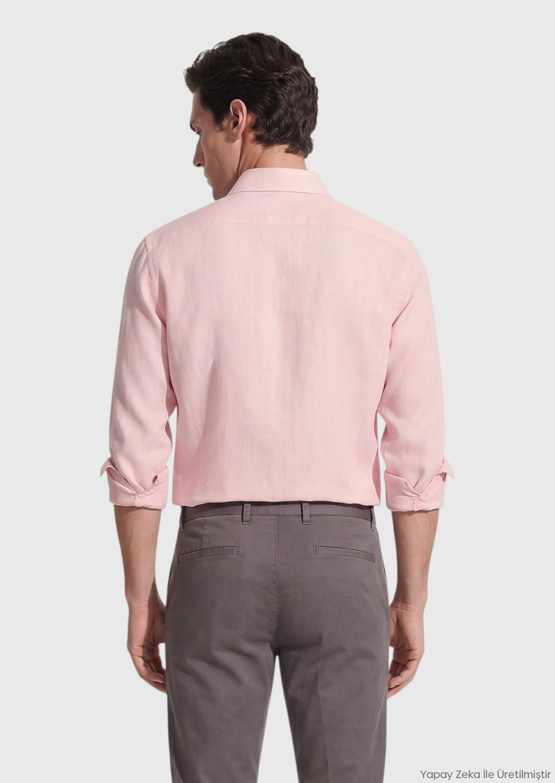 Pembe Düz Casual Fit Uzun Dokuma Casual %100 Pamuk Gömlek