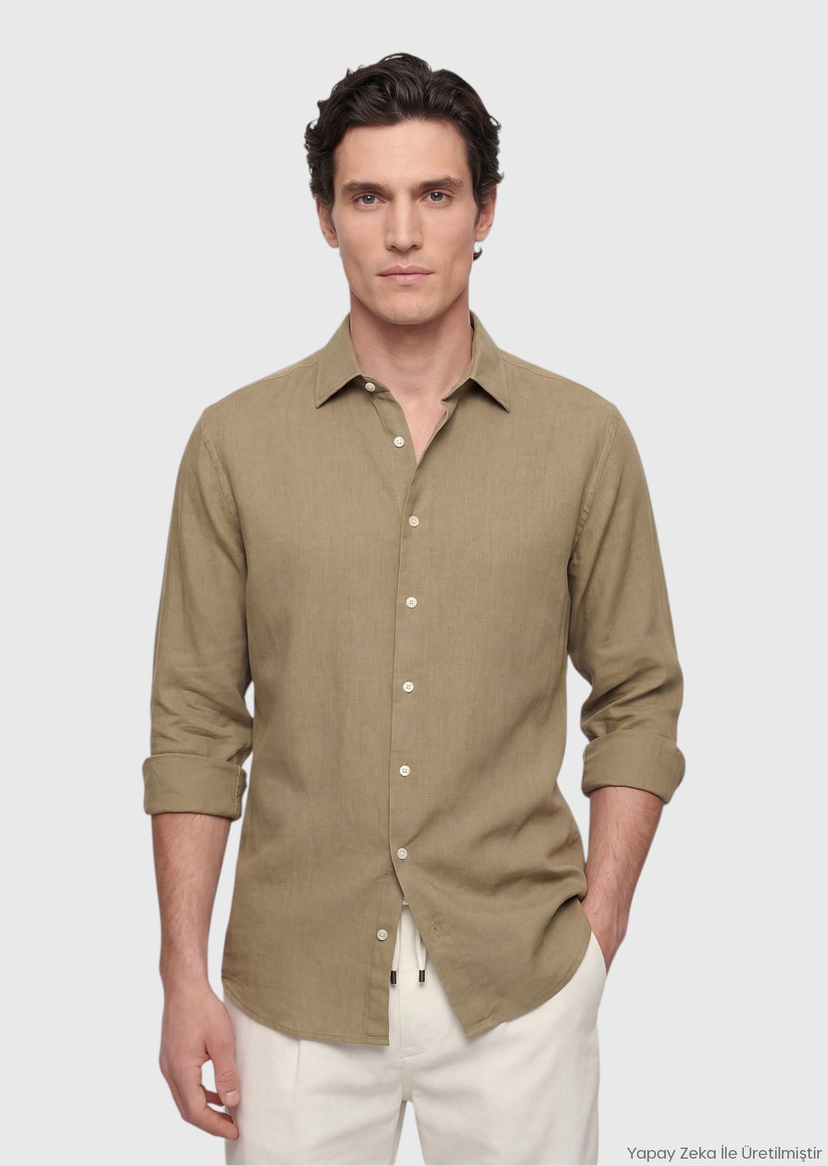 Haki Casual Fit Uzun Dokuma Casual %100 Pamuk Gömlek