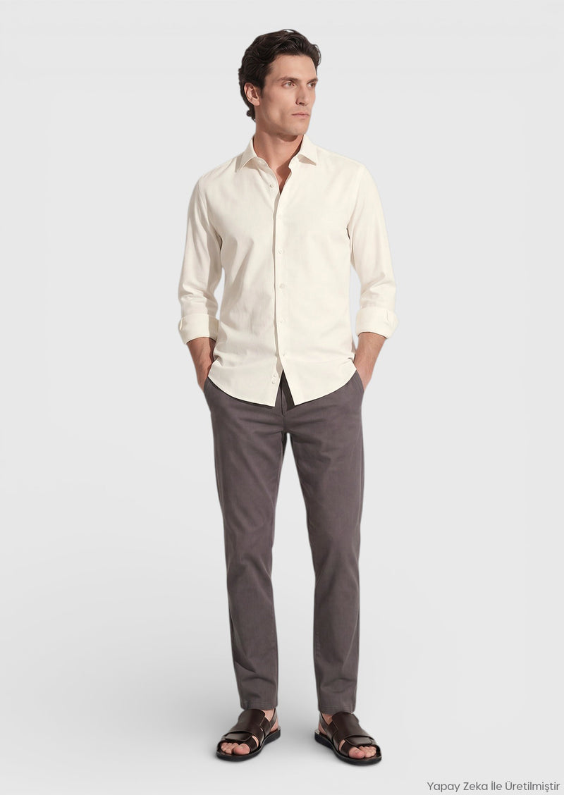 Bej Düz Casual Fit Uzun Dokuma Casual %100 Pamuk Gömlek