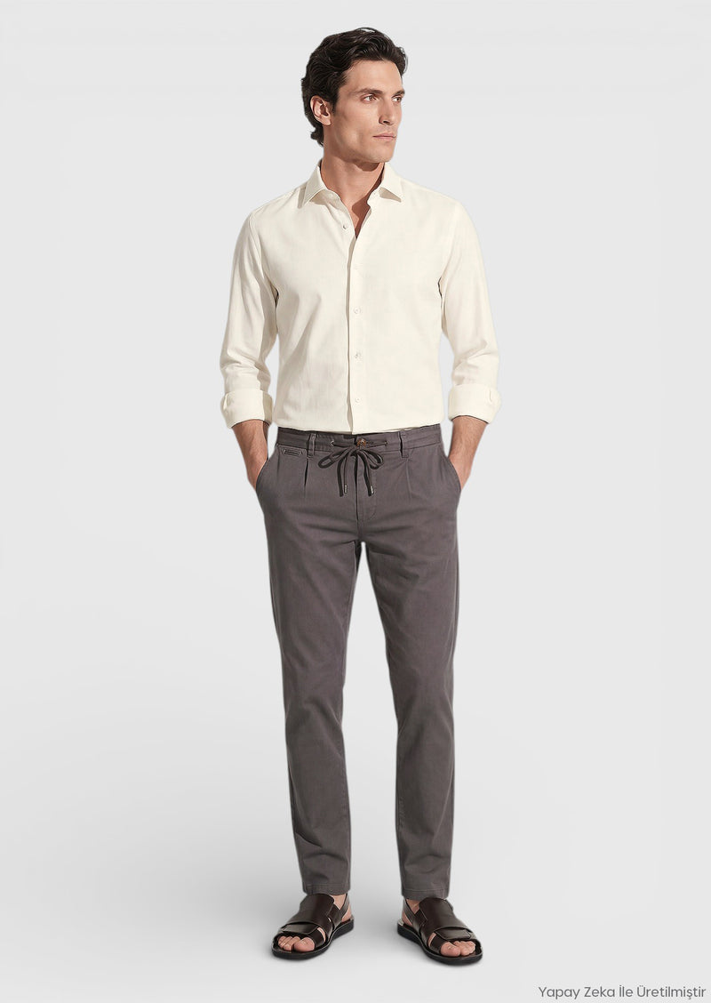 Bej Düz Casual Fit Uzun Dokuma Casual %100 Pamuk Gömlek