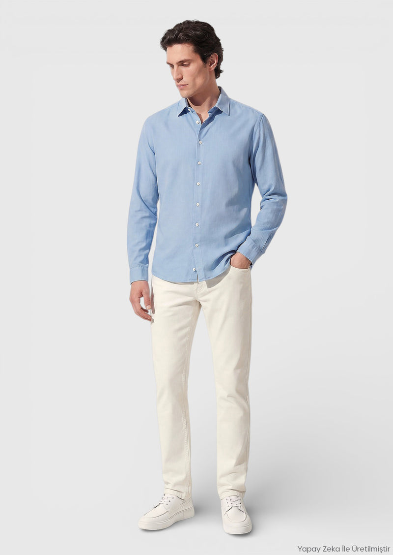 Mavi Düz Casual Fit Uzun Dokuma Casual %100 Pamuk Gömlek