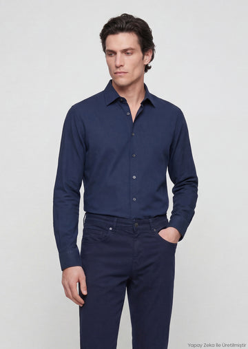 Lacivert Casual Fit Uzun Dokuma Casual %100 Pamuk Gömlek