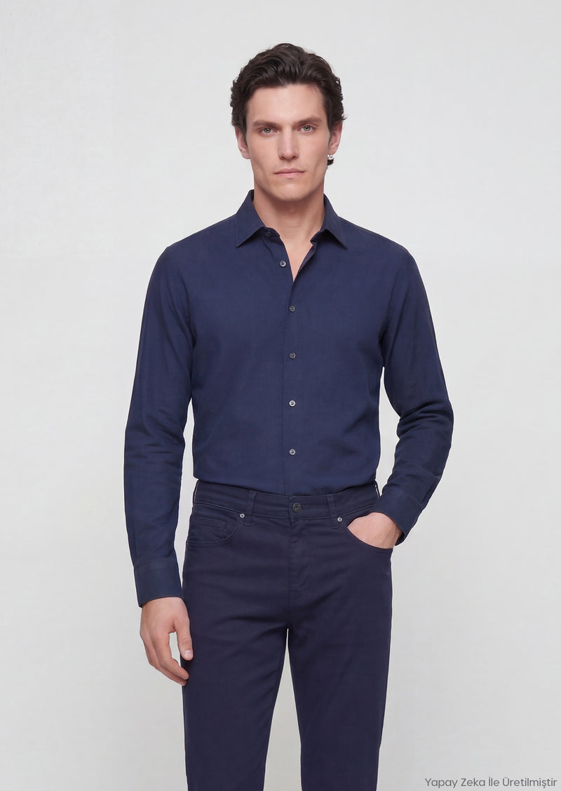 Lacivert Düz Casual Fit Uzun Dokuma Casual %100 Pamuk Gömlek