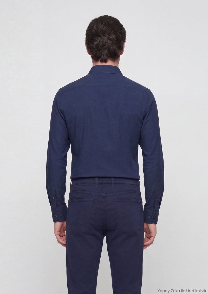 Lacivert Düz Casual Fit Uzun Dokuma Casual %100 Pamuk Gömlek
