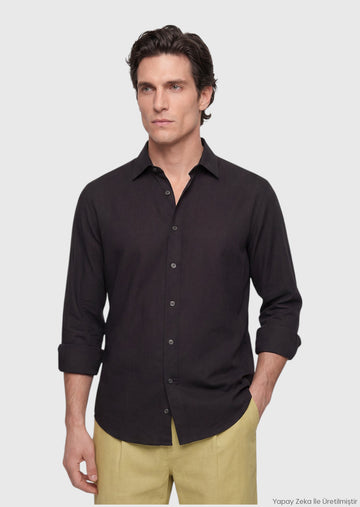 Siyah Casual Fit Uzun Dokuma Casual %100 Pamuk Gömlek
