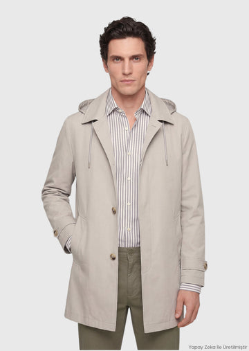 Kum Regular Fit Kapüşonlu Casual Teknik Pardösü