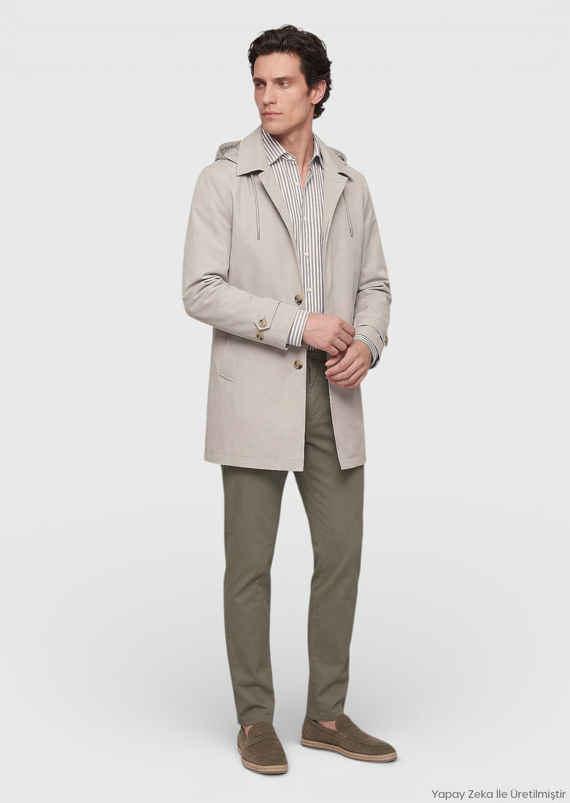 Kum Regular Fit Kapüşonlu Casual Teknik Pardösü