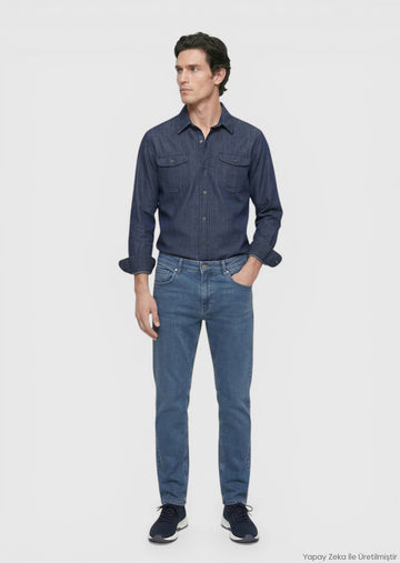 Lacivert Slim Fit Denim Pamuk Karışımlı Pantolon