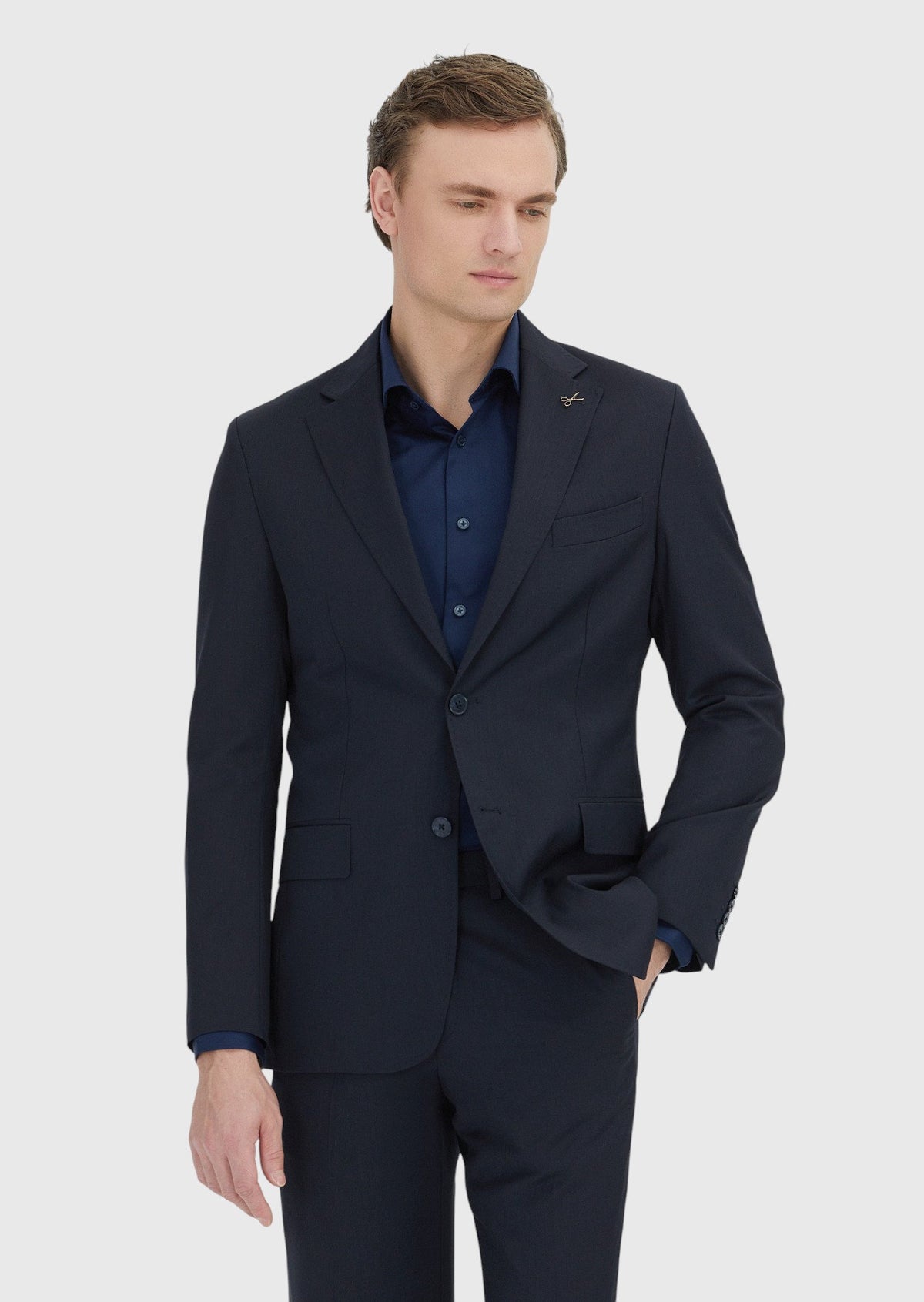 Koyu Lacivert Çizgili Zeroweight Slim Fit %100 Yün Takım Elbise