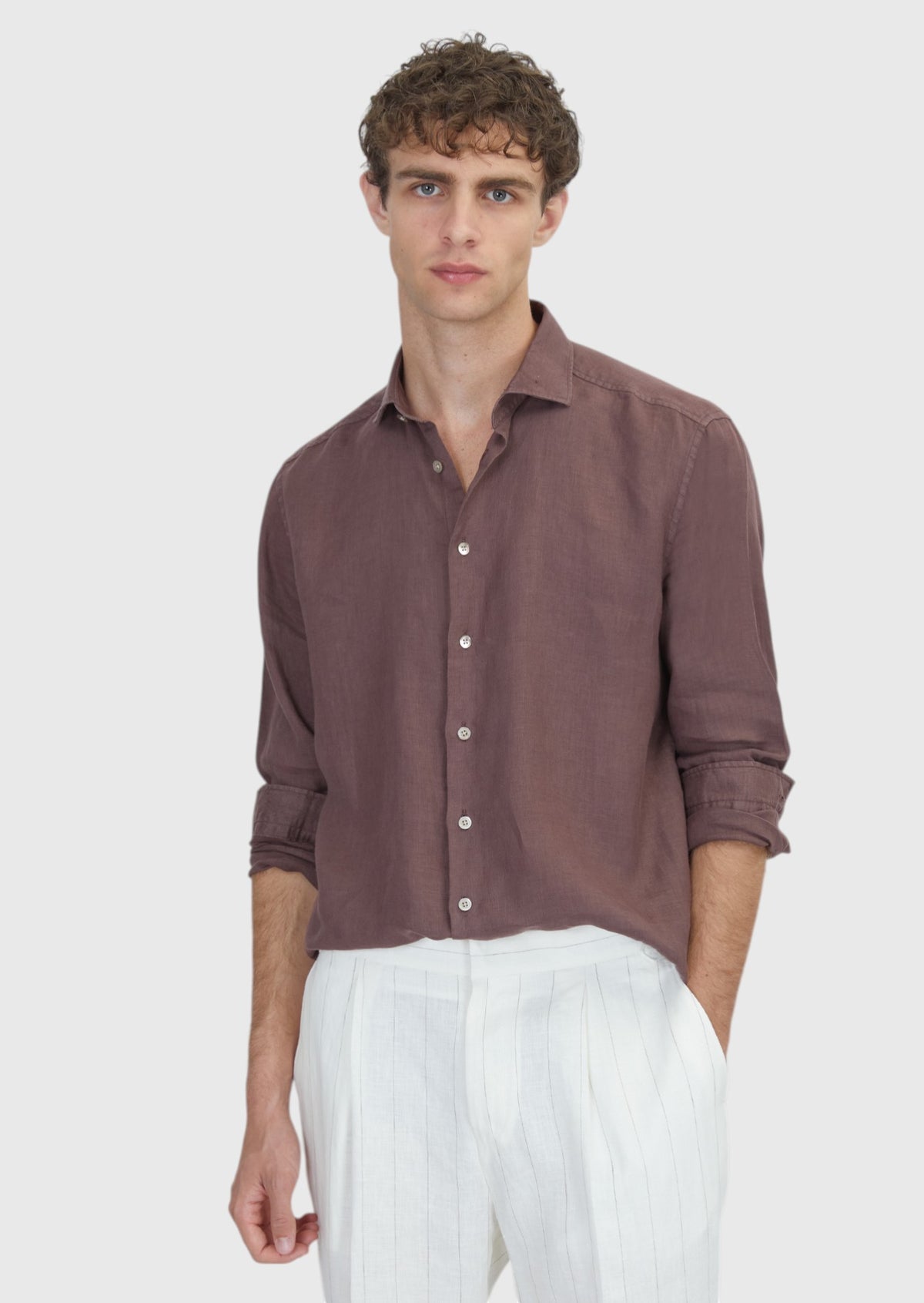 Mürdüm Casual Fit Uzun Dokuma Casual %100 Keten Gömlek