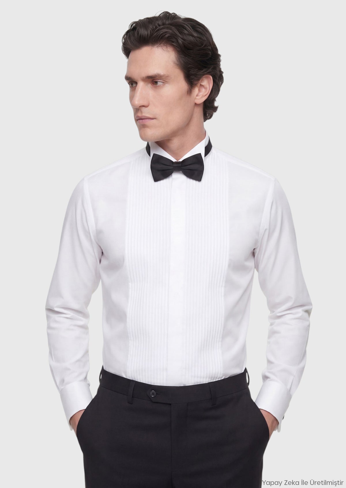 Beyaz Düz Slim Fit Duble Manşet Smokin Gömlek