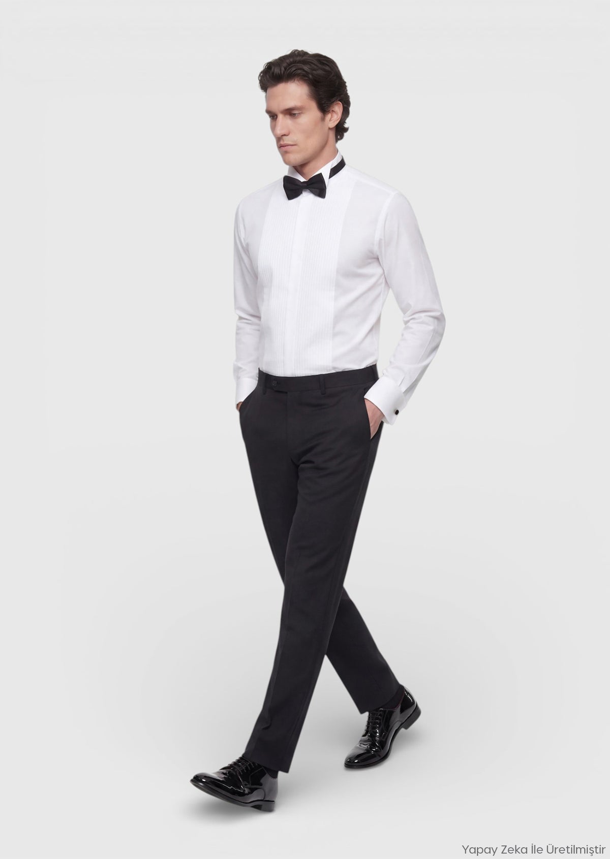 Beyaz Düz Slim Fit Duble Manşet Smokin Gömlek