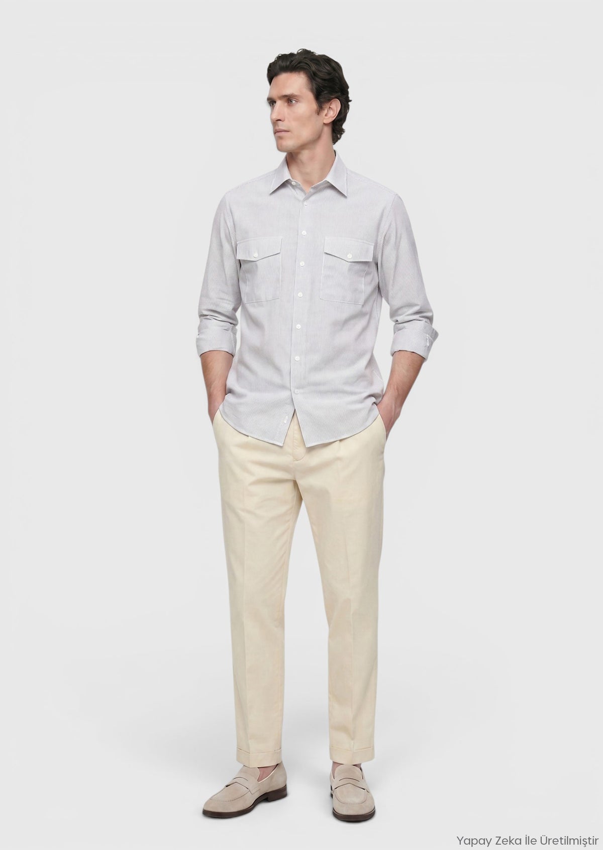 Açık Vizon Çizgili Regular Fit Uzun Dokuma Casual Gömlek